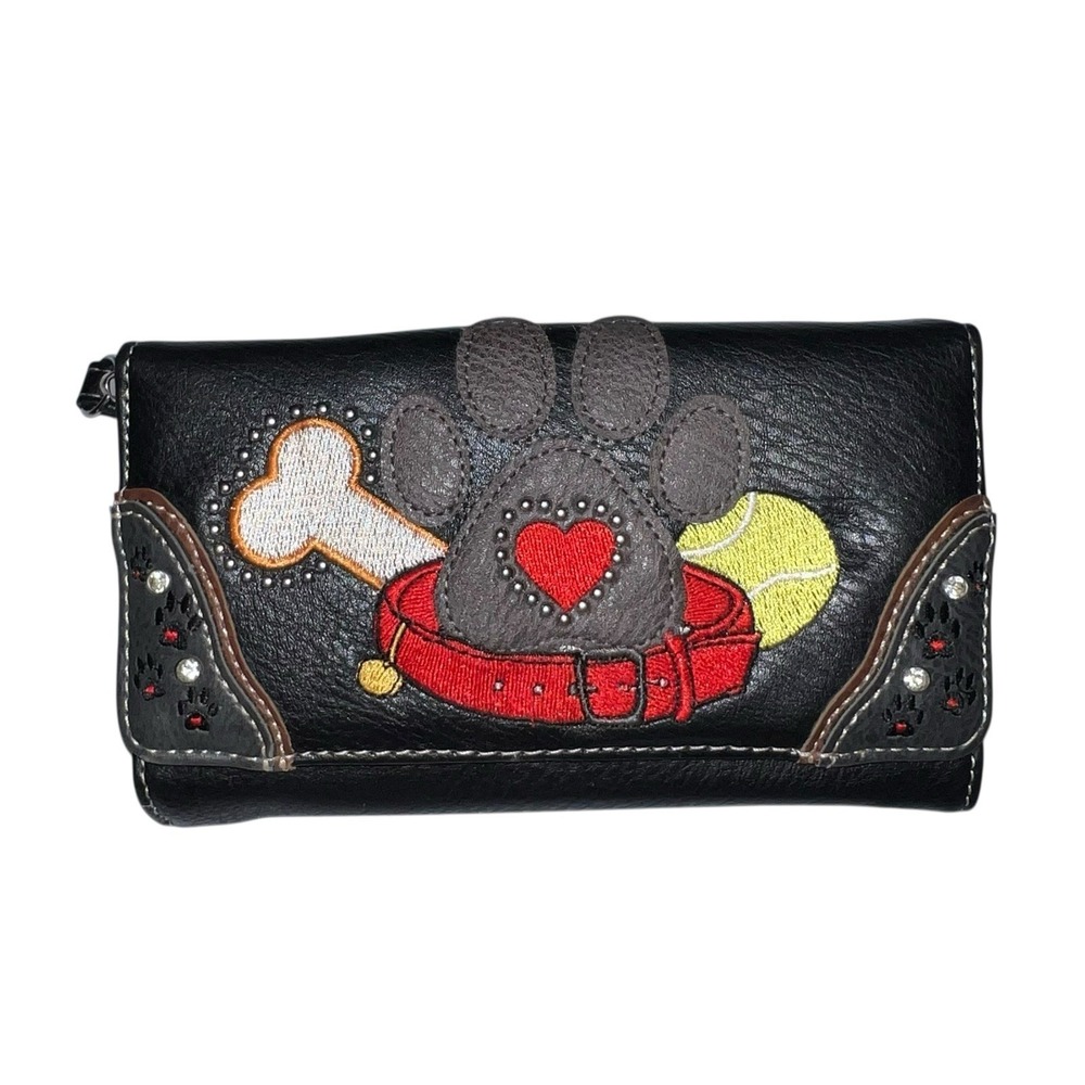 Dog Paw Print Wristlet Wallet Western Style Mom Pet Black Faux Leather Snap